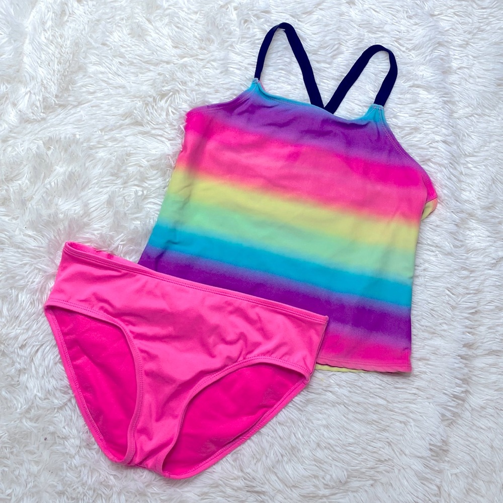 Justice Pink Green Tye Dye Tankini Bikini Bathing Suit Set Girl’s Size 14
